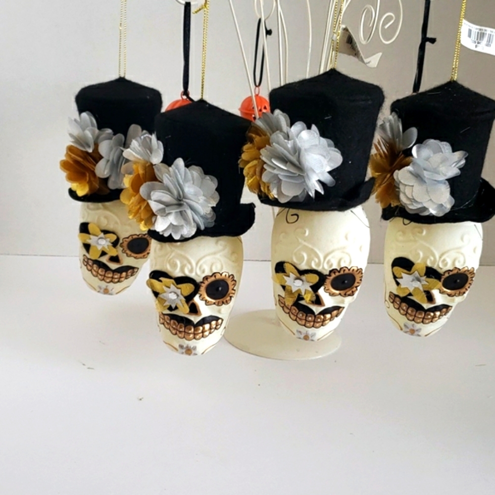 Set of 4 SKULL ornaments 3 little jingle Jack-O-Lanterns  halloween decor